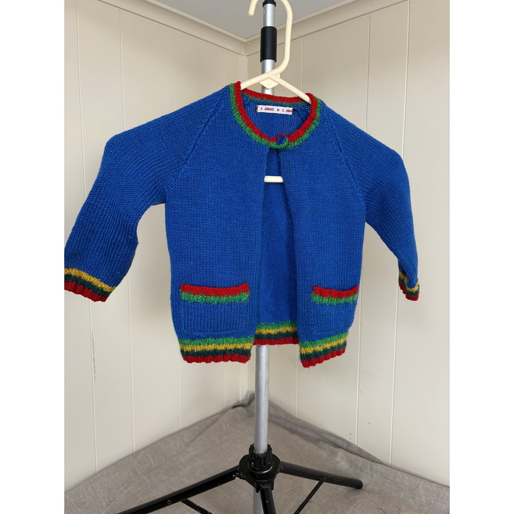 Vintage C. Juhasz Kids Blue Knit Cardigan Sweater Red Green Striped Trim 11.5x14